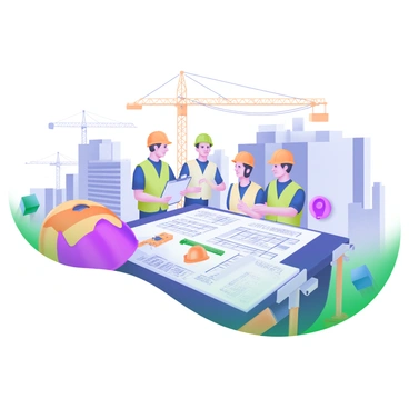 A construction site with several engineers gathered around a large table covered in "blueprints" and "progress reports." The engineers, dressed in safety vests, hard hats, and carrying clipboards, are engaged in discussion. Various construction tools and equipment are scattered around the site, including "hard hats," "measuring tapes," and "safety cones." In the background, partially constructed buildings can be seen, along with cranes lifting materials. The layout is organized, highlighting the teamwork and focus on the project.