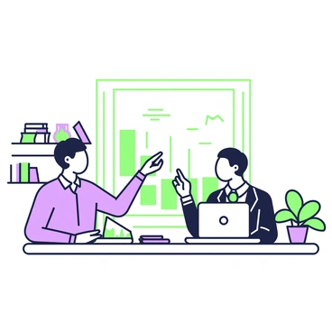 A financial advisor is sitting at a sleek desk in an office, facing a client. The advisor is wearing a tailored suit and has short hair. On the desk, there is a laptop open, displaying several graphs. The advisor is pointing towards a bar graph on the screen, explaining its details to the client. The client, a middle-aged person wearing a collared shirt, is nodding and looking intently at the screen. Behind them, there are shelves with financial books and a potted plant in the corner of the office. A large window lets in natural light, casting soft shadows around the room.