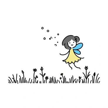 A small fairy with delicate wings is flitting through a misty meadow at dawn. The fairy has long, flowing hair that catches the light, and she wears a simple dress made of petals. Surrounding her are numerous dew drops sparkling in the soft morning light, creating a beautiful display. The meadow is filled with tall grasses and wildflowers, partially obscured by a gentle mist that adds an ethereal quality to the scene.