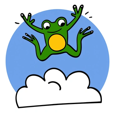 A green frog with large bulging eyes and smooth skin is leaping into the air, showcasing its powerful legs. The frog is positioned above fluffy white clouds, which are soft and billowy. The sky is bright blue, creating a vivid backdrop for the scene. Sunlight casts a warm glow on the frog, highlighting its vibrant color as it soars high.