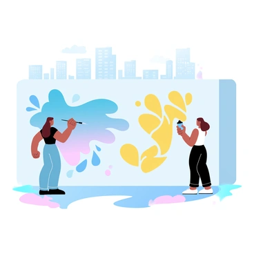 Two illustrators are standing side by side in front of a large wall covered in vibrant colors. One illustrator is holding a paintbrush, applying bold strokes of blue paint, while the other is using a spray can to add intricate patterns in yellow. The mural features an abstract design with swirling shapes and geometric forms. In the background, the urban environment is visible with buildings and a clear sky. Splashes of paint are scattered on the ground around them, showcasing their creative process.