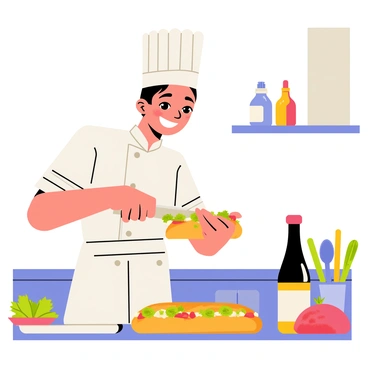 A passionate chef with a white chef's coat and a tall hat is skillfully crafting a gourmet "banh mi" in a modern kitchen. The chef is focused, using a sharp knife to slice fresh vegetables, including bright green cilantro, crisp cucumber, and vibrant red chili. A toasted baguette rests on a cutting board, ready to be filled. Various condiments, such as dark hoisin sauce and creamy mayonnaise, are neatly arranged on the counter. Sleek stainless steel appliances and colorful kitchen utensils add to the contemporary feel of the kitchen. The chef's expression radiates concentration and joy as they assemble the sandwich with finesse.