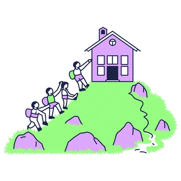A school building is situated on top of a hill, displaying multiple windows and a large door. The architecture features a steep roof and a bell tower. Surrounding the hill are various obstacles such as large rocks, uneven terrain, and patches of dense grass. In the foreground, a group of children of different ages is attempting to climb towards the school. Some children are helping each other, while others are strategizing on the best path to take. Each child is wearing a unique outfit, including colorful backpacks. The atmosphere is filled with determination as they navigate the challenges to reach the school.