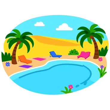 A crystal-clear swimming pool surrounded by lush green palm trees in a vibrant desert oasis. The pool water glistens under the bright sun, reflecting shades of blue and turquoise. The sandy area around the pool features colorful lounge chairs and a few vibrant beach towels laid out. In the background, the desert landscape showcases golden sand dunes and a clear blue sky. Small, colorful flowers grow near the edge of the pool, adding a touch of color to the scene.