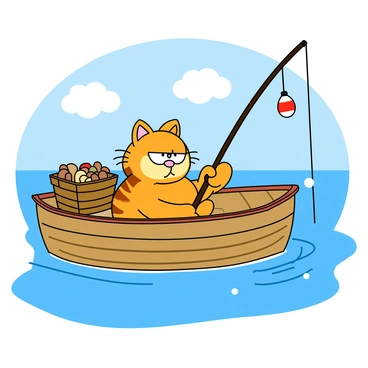 A cartoon cat with orange stripes, resembling Garfield, is sitting comfortably in a small wooden fishing boat. The boat is gently floating on a calm blue lake. Garfield has a relaxed expression on his face, holding a colorful fishing rod with one paw. The fishing line is cast into the water, creating small ripples around it. A red and white bobber floats on the surface, indicating where the bait is. The sun is shining brightly in the clear blue sky, and a few fluffy white clouds drift lazily overhead. There is a picnic basket next to Garfield, filled with snacks.