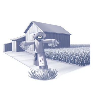 A scarecrow with a straw hat and patched clothing stands in front of a large barn. The scarecrow has outstretched arms, adorned with frayed sleeves, and is positioned amidst tall cornstalks that sway gently in the breeze. The barn, built with wooden planks, has a large double door and a hayloft above, contributing to a rustic atmosphere. The surrounding cornfield is thriving, with rows of green corn plants extending into the distance. A clear sky looms overhead, completing the tranquil scene.