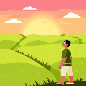 Maveli is standing at the edge of a vast expanse of green paddy fields. The fields stretch out in all directions, creating a lush, textured landscape. Maveli is depicted with a look of awe on his face as he gazes at the vibrant sunrise. The sun is just beginning to rise, casting warm tones of orange, pink, and gold across the sky. A few fluffy clouds catch the morning light, glowing with pastel colors. The paddy fields are adorned with dewdrops, reflecting the sunlight like tiny diamonds scattered across the landscape.