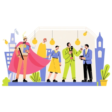 A group of amateur actors dressed in colorful costumes are positioned on a makeshift set that resembles a classic movie scene. One actor, wearing a bold red cape, is striking a dramatic pose, while another actor, in a vintage suit, is holding a prop that looks like a classic film microphone. The background features cardboard cutouts of iconic buildings and painted scenery to mimic a film set. Lights and simple stage props are scattered around, adding to the theatrical ambiance. The actors are fully engaged in their performance, showcasing their enthusiasm and joy in recreating the scene.