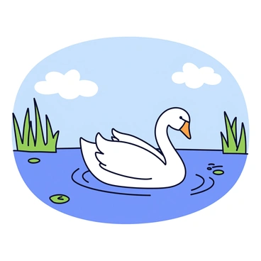 A white swan gliding smoothly across the surface of a calm lake. The water reflects the swan's elegant shape and creates gentle ripples around it. The surrounding area consists of green reeds and water lilies floating nearby. The scene is set under a clear blue sky, with a few fluffy white clouds scattered above.