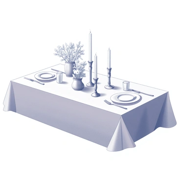 A dining table elegantly set for two. The table is adorned with a white tablecloth and features two place settings, each with a plate, cutlery, and a glass. In the center, there are several candles of varying heights, casting gentle light across the table. Surrounding the candles are bouquets of flowers, arranged in vases, adding a touch of natural beauty to the setting. The overall arrangement suggests intimacy and a cozy dining experience.