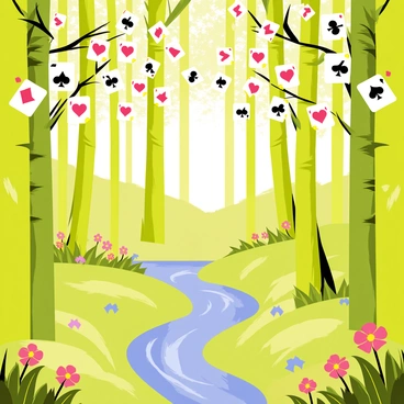 A whimsical forest filled with tall, slender trees that have vivid green trunks. Each tree is adorned with a variety of poker cards as leaves, featuring different suits and ranks. Some trees display hearts, while others show spades, diamonds, and clubs. The forest floor is covered in soft, lush grass with colorful wildflowers peeking through. In the distance, a gentle stream winds through the scene, reflecting the unique leaves above. Sunlight filters through the canopy of cards, casting playful shadows on the ground.