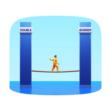 A tightrope walker in a balanced pose on a thin rope, suspended high above the ground. The background features two tall towers, one labeled "Double" and the other labeled "Jeopardy," both towering over the scene. The tightrope walker wears a bright outfit, showcasing concentration while maintaining balance. Below, the ground is far away, enhancing the height of the walker's daring feat. The setting has a clear blue sky, creating a striking contrast with the structures.