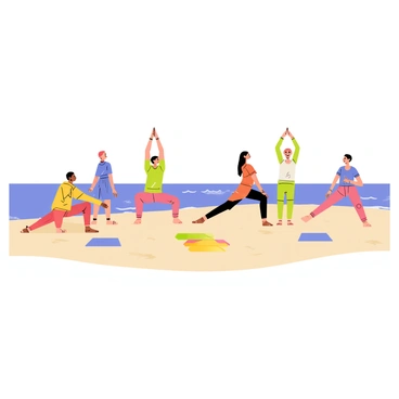 A group of six people practicing yoga on a sandy beach. The individuals are positioned in various yoga poses, such as tree pose, downward-facing dog, and warrior pose. The ocean is visible in the background, with gentle waves lapping at the shore. The sky is clear, and the sun is shining down, casting soft shadows on the sand. Each person is wearing colorful and comfortable activewear. There are some beach towels spread out on the sand around them.