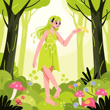 A forest spirit with delicate, ethereal features is holding a glowing wishbone. The spirit has long, flowing hair that blends with the vibrant green leaves around. It wears a dress made of thin, luminous vines and flowers. The enchanted woodland is filled with tall, ancient trees with twisting trunks and a soft, warm light filtering through the canopy. Small, colorful magical creatures are scattered among the foliage, and mushrooms with bioluminescent caps grow at the spirit's feet. The atmosphere is lively, with shimmering particles floating in the air around the spirit and the wishbone casting a gentle glow.