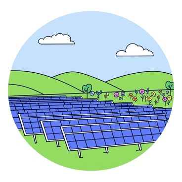 A vast solar farm with numerous solar panels reflecting sunlight. The panels are arranged in neat rows across the landscape. Surrounding the solar farm are rolling hills covered in green grass. In the distance, fields of wildflowers bloom, adding splashes of color to the scene. The sky above is clear and bright, with a few fluffy white clouds scattered.