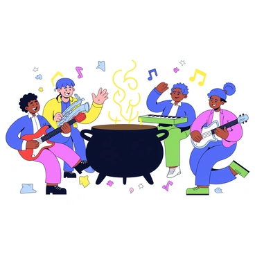 A group of four musicians is gathered around a large, black cauldron. The cauldron emits a warm glow and is surrounded by swirling musical notes that dance in the air. Each musician plays a different instrument: one plays a bright red guitar, another has a shiny silver saxophone, the third is on a deep blue drum set, and the last plays a green keyboard. They wear colorful clothing and are engaged in their music, smiling at each other as they create a lively atmosphere. The ground is decorated with small, vibrant musical symbols scattered around them.