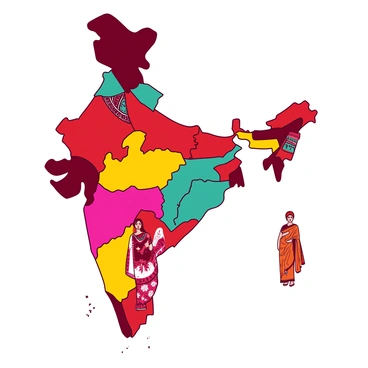 A detailed map of India showcasing traditional ethnic dresses from each region. Each state is filled with distinct colors representing its unique attire. In the northern region, a vibrant red dress adorned with intricate embroidery is displayed, symbolizing the rich culture of Punjab. The western region features a teal Rajasthani outfit, complete with a colorful turban and intricate patterns. In the south, a beautiful white saree is illustrated draped elegantly over the figure of a woman from Tamil Nadu. The eastern region showcases an orange traditional dress with floral designs worn by a woman from West Bengal. Each dress is accurately positioned on the map, highlighting the diversity of India's ethnic wear.