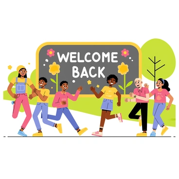 A group of children with diverse appearances are running joyfully through a vibrant schoolyard. They have wide smiles on their faces, expressing excitement and happiness. In the background, a large, colorful 'Welcome Back' sign is drawn on a chalkboard, surrounded by bright flowers and playful drawings. The schoolyard is filled with green grass and a few trees, enhancing the lively atmosphere of the scene.