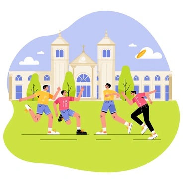 A group of diverse students is playing frisbee on a wide green lawn on a college campus. The students, wearing colorful athletic clothing, are actively running and jumping to catch the frisbee. In the background, there are several historic buildings with intricate architectural details, such as tall columns, arched windows, and decorative stonework, showcasing the rich history of the campus. Clear blue skies with fluffy white clouds create a bright and cheerful atmosphere.
