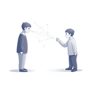 Two characters stand apart from each other in a monochrome environment. Each character has distinct features, one is a tall figure with an angular face and the other is shorter with rounded facial features. They are facing each other, conveying a sense of connection despite the distance. Invisible threads extend from each character's fingertips, creating a pattern that suggests interaction and communication. The lines of the threads weave in an intricate design, forming shapes that echo their emotions. The background remains simple, allowing the characters and the connecting threads to be the focal point of the image.