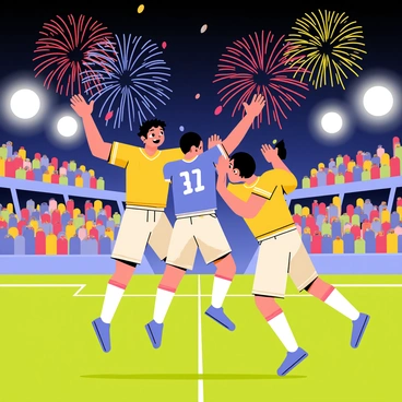 A football team wearing colorful jerseys is jumping in excitement after scoring a touchdown. The players are hugging and high-fiving each other on a green football field. In the background, vibrant fireworks are bursting in the night sky, displaying bright reds, blues, and golds. The crowd in the stands is cheering, and colorful confetti is falling around the players. The stadium lights are shining brightly, illuminating the scene.