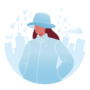 A person is standing in the rain, wearing a "cloche hat" that fits closely around the head. Raindrops are visibly bouncing off the "brim" of the hat, creating droplets that scatter in various directions. The person is wearing a "waterproof coat" to protect against the rain. The background features blurred silhouettes of trees and buildings, adding depth to the scene. The overall atmosphere is defined by the presence of "rain" cascading down, creating a dynamic and engaging visual.