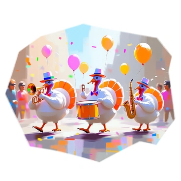 A group of cartoon turkeys with vibrant feathers in various colors is participating in a lively marching band parade. One turkey is playing a trumpet, another turkey is on drums, while a third turkey is holding a shiny saxophone. They are marching in a line with big smiles on their faces, surrounded by colorful confetti falling from the sky. The parade route is lined with excited spectators, and balloons float above them, adding to the festive atmosphere. Each turkey is wearing a small band uniform, complete with a colorful hat and a bow tie.