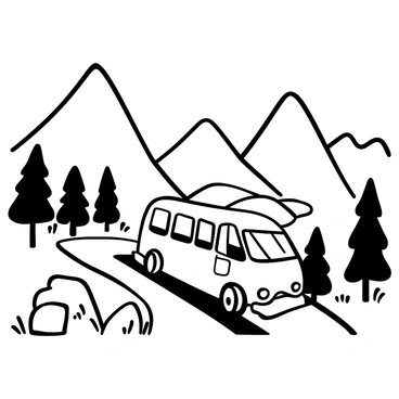An old bus with visible wear and tear is moving along a winding mountain road. The bus has a rounded shape with large windows that reflect the surrounding landscape. Tall mountains loom on either side, their peaks jagged and imposing. Below, a valley can be seen, with lush trees and rocky outcrops. The road twists and turns sharply, emphasizing the steepness of the terrain. There are scattered rocks and patches of grass lining the sides of the road. In the distance, more mountains rise, creating a dramatic backdrop. The scene conveys a sense of adventure and exploration.