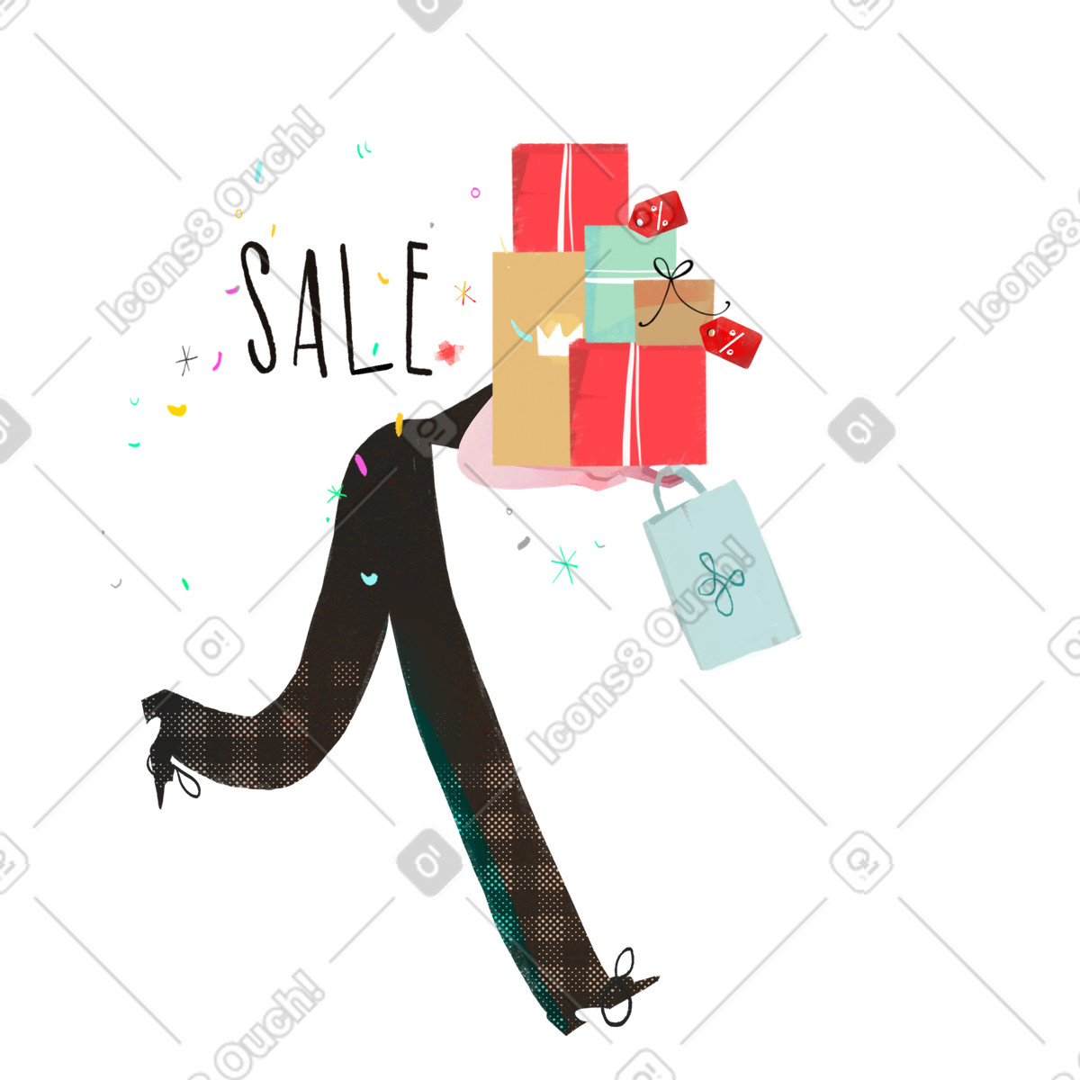 Ilustração de Mulher com caixas presentes fugindo da venda em no estilo Fabulous para baixar em PNG, SVG