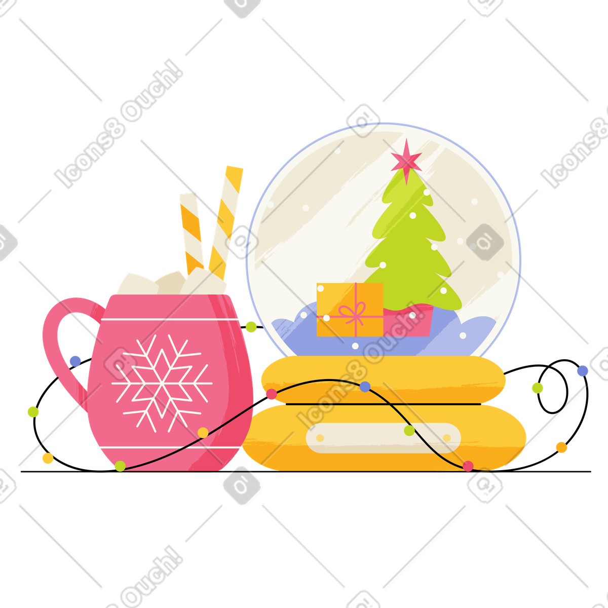 Ilustração de Red mug of hot chocolate and decorated snow globe, Festive mood seasonal decor em no estilo Juicy para baixar em PNG, SVG