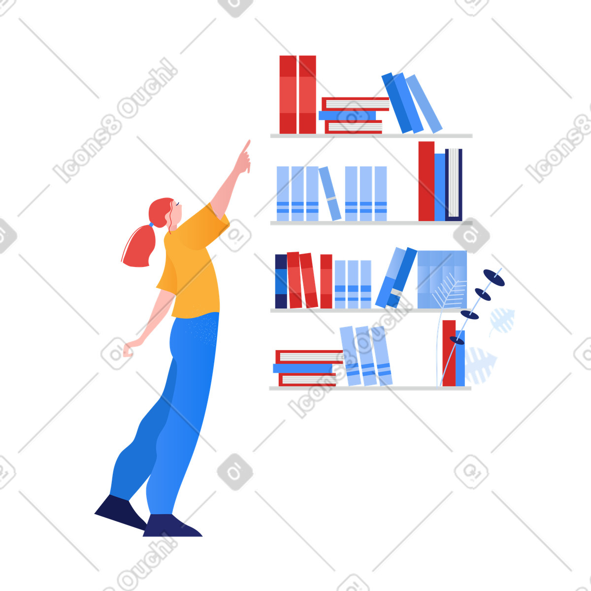 Donna che sceglie un libro nella biblioteca illustrazione in stile Clip scarica in PNG, SVG