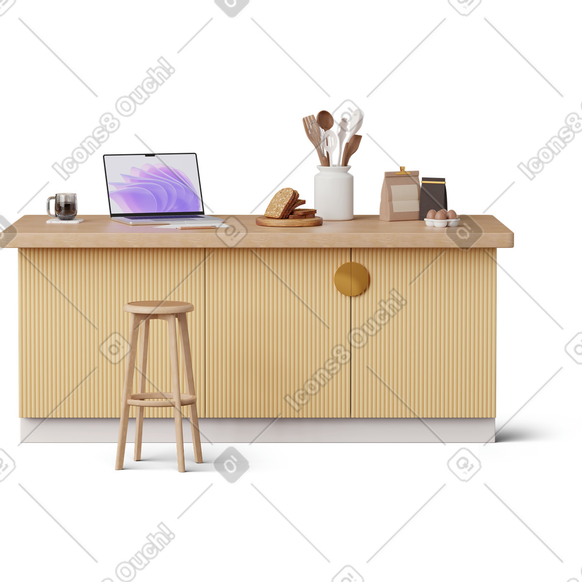 Front view of workspace on the kitchen island illustration in 3D Hygge style download in PNG, SVG