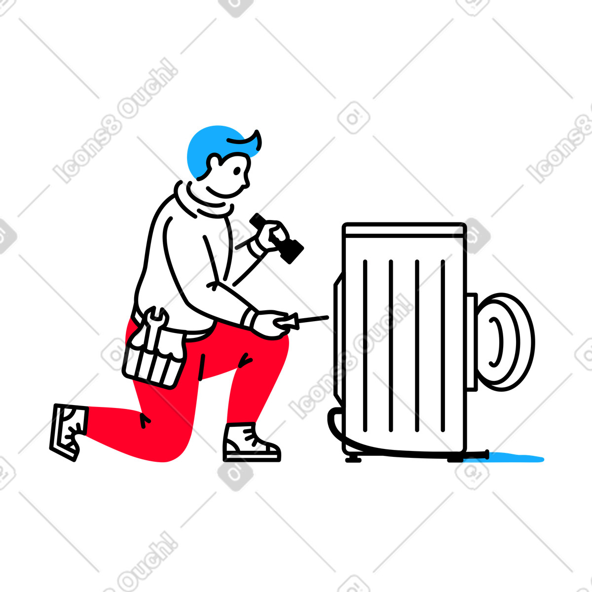 Service man repairing a washing machine illustration clipart for repair graphics