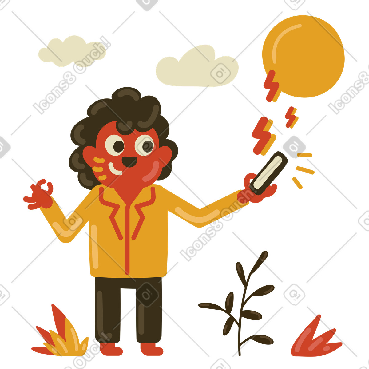 Illustration Un homme charge son téléphone à l’énergie solaire dans le style Arabica télécharger aux formats PNG, SVG