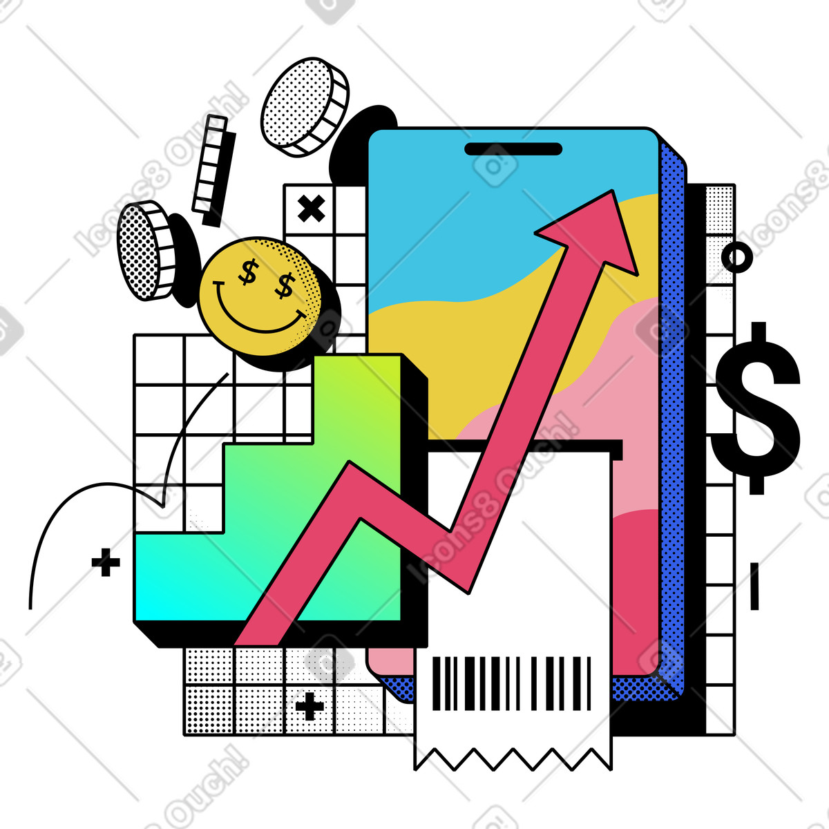 Successo finanziario e crescita economica illustrazione animata in stile Memphis scaricabile in GIF, Lottie (JSON), AE