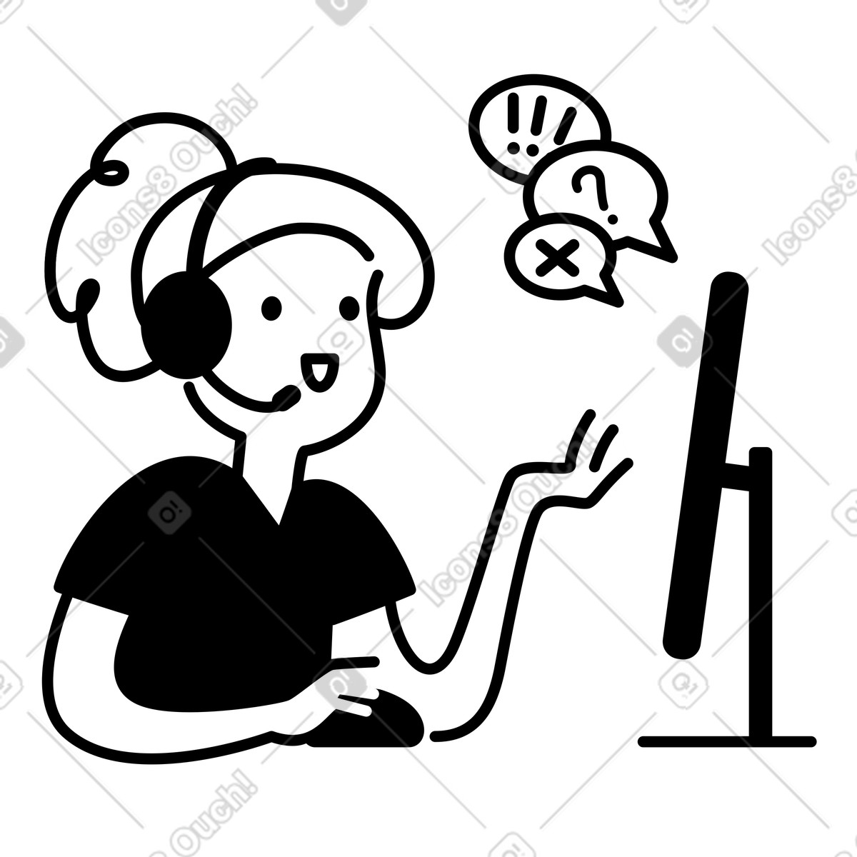 Illustration Customer support agent with headset handling confused question mark messages dans le style Notion Line Art à télécharger aux formats PNG, SVG