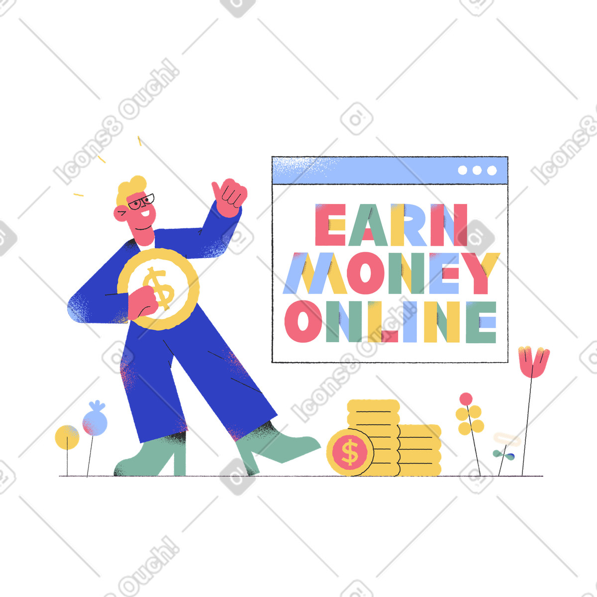 Lettering Earn Money Online with a man holding coin illustration in Pablo style download in PNG, SVG