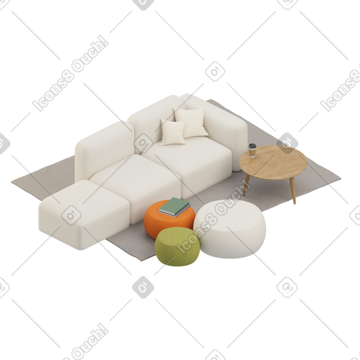 Isometric white sofa with poufs illustration in 3D Rooms style download in PNG, SVG