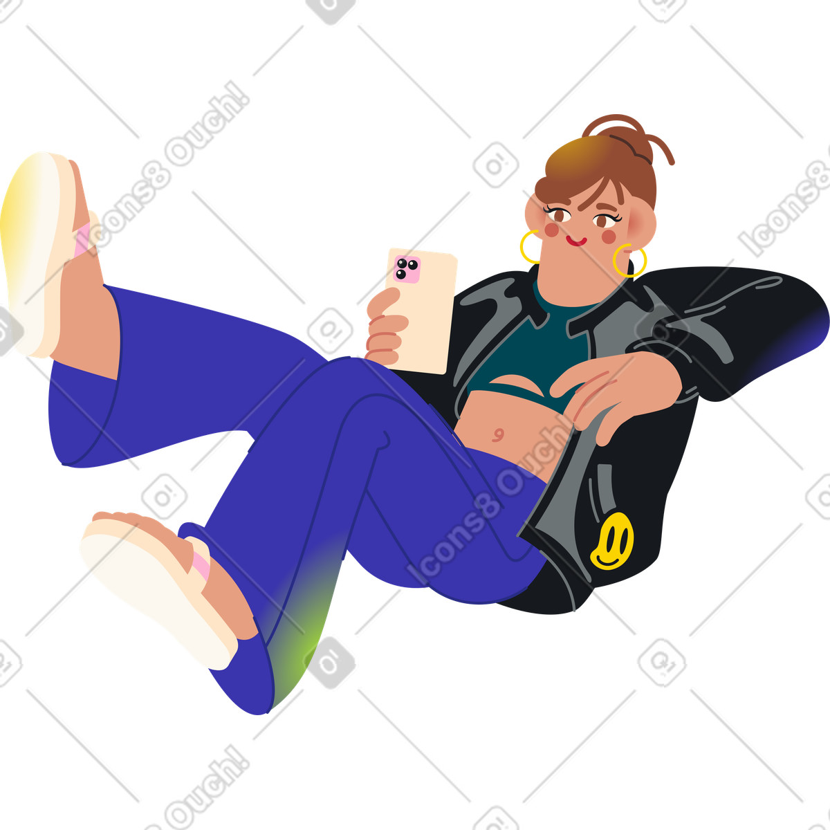 Frau in schwarzer lederjacke schaut auf ihr telefon-Illustration im Fizzy-Stil als Download PNG, SVG