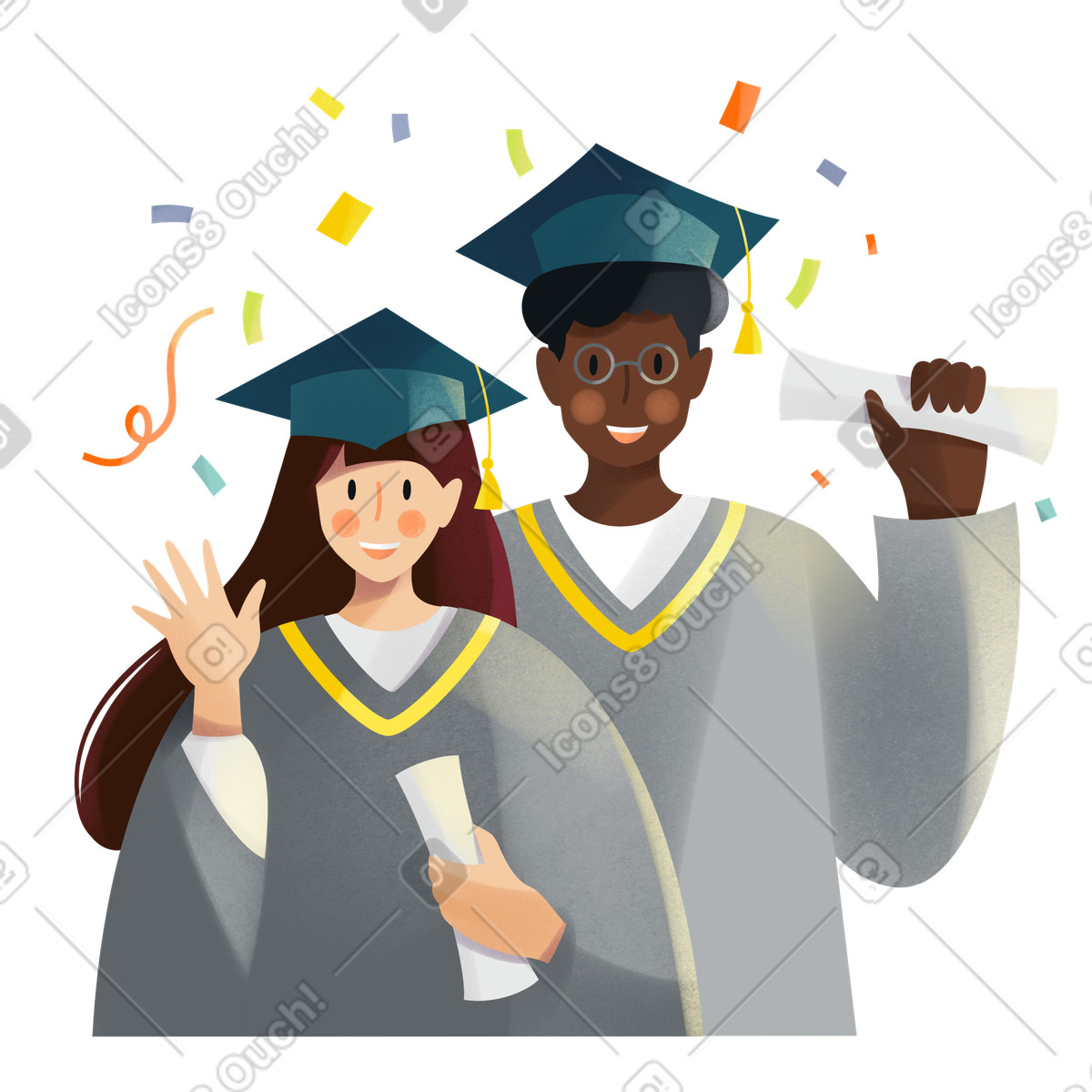 Hochschulabsolvent der jungen frau und des mannes feiern-Illustration im Shine-Stil als Download in PNG, SVG