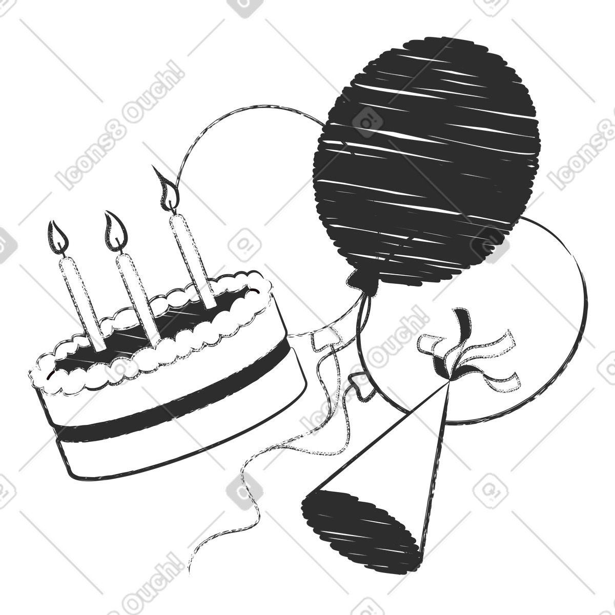 Birthday cake, balloons and cap illustration in Graphite style download in PNG, SVG