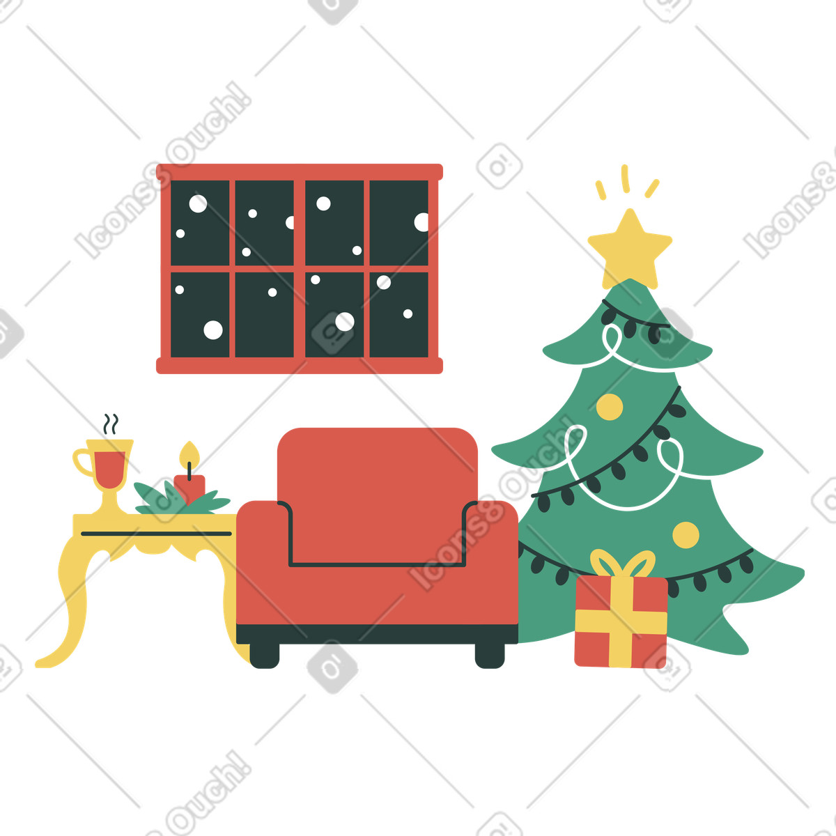 Ilustração de Interior da noite natal com árvore decorada, cadeira perto janela e vinho quente em no estilo Macaroni para baixar em PNG, SVG