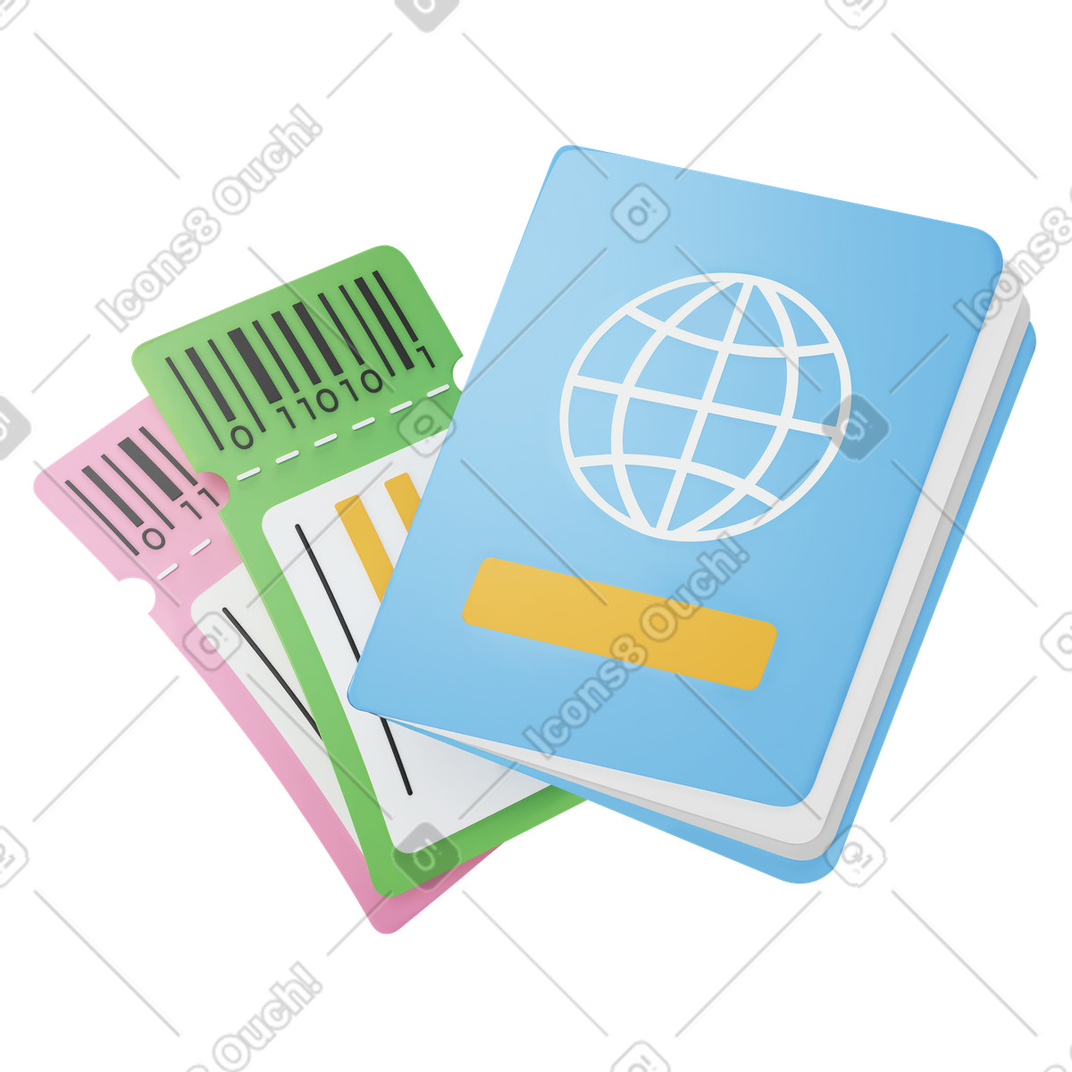 Passport and plane tickets, International travel preparation illustration in 3D Corporate style download in PNG, SVG