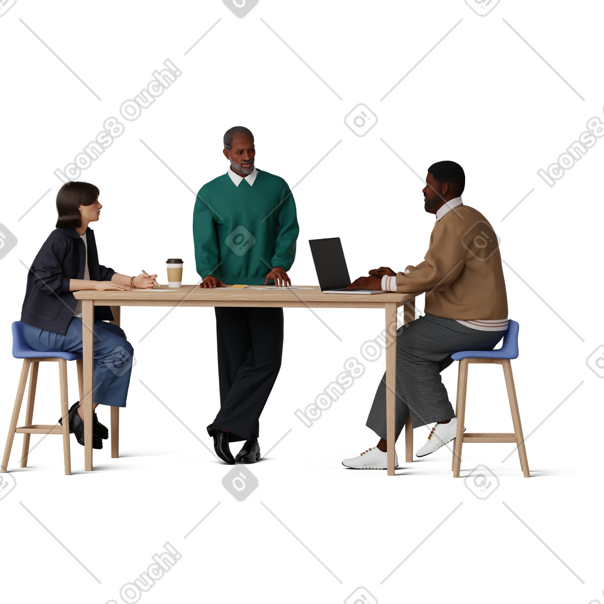下载 3D Hygge 风格的 Colleagues discussing the project 插画，支持 PNG、SVG 格式