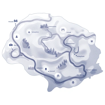 A detailed map showcasing a wine region. The map features multiple vineyard outlines, each with distinguishing shapes and sizes. Tasting rooms are marked prominently with distinct symbols, indicating their locations throughout the region. The layout includes winding roads connecting the vineyards and tasting rooms, with labels providing names for each vineyard. The topography of the area is indicated with contour lines, revealing rolling hills and valleys that characterize the landscape. Additional elements such as water bodies and small forested areas are integrated into the design, enhancing the overall representation of the region's geography.