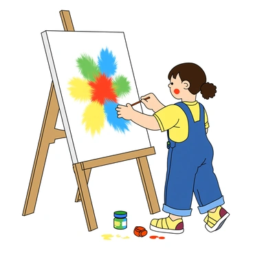 A young child with dark hair wearing a bright yellow t-shirt and blue overalls is joyfully creating finger painting art. The child is standing in front of a large white canvas that is mounted on an easel. The canvas is covered in bold colors such as vibrant red, electric blue, sunny yellow, and grassy green, with finger smudges and swirls visible. The child has paint on their hands and cheeks, indicating a playful engagement with the activity. There are several paint tubes scattered around on a nearby table, and a few colorful splatters can be seen on the ground beneath the easel.