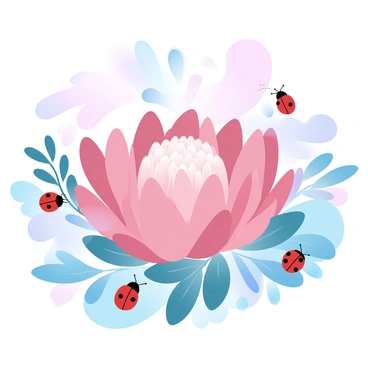 A large protea flower with vibrant, layered petals is at the center of the image. Surrounding the flower are several small ladybugs with bright red shells and black spots, scattered among the foliage. Small bees with delicate wings are buzzing near the flower, adding an element of interaction. The background features soft, gradient pastel colors that enhance the overall composition.