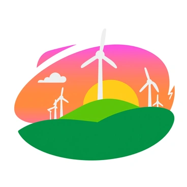 A green hill with a smooth, gentle slope is dotted with several modern wind turbines, each with sleek white blades. The sky is filled with vibrant hues of orange, pink, and purple as the sun sets in the background. The turbines stand tall and majestic, their blades catching the warm light of the sunset. Fluffy clouds float lazily in the colorful sky, adding to the serene atmosphere. The landscape is bathed in soft golden light, highlighting the contours of the hill.