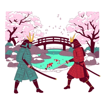 Two samurais in detailed armor are facing off in a traditional Japanese garden. One samurai, adorned in teal armor, stands poised with a katana drawn, ready for battle. The other samurai, wearing a contrasting red armor, holds his katana in a defensive position. The garden features meticulously arranged rocks, a small pond with koi fish swimming, and cherry blossom trees in full bloom. Petals from the cherry blossoms gently drift through the air, adding to the tension of the scene. The background includes a wooden bridge arching over the pond, enhancing the traditional atmosphere.