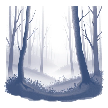 A forest scene filled with thick morning mist, creating an atmosphere of mystery. The silhouettes of tall trees rise through the fog, their trunks and branches appearing dark against the light diffusing through the mist. In the foreground, the ground is covered with damp foliage, and the outlines of various plants can be seen emerging from the ground. The overall composition emphasizes the height and density of the trees, while the mist weaves through the scene, softening the details and enhancing the sense of intrigue.